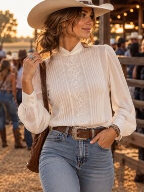 Vintage White Blouse with Adorned Details and Pleats SZ M-L dry cleaning tag